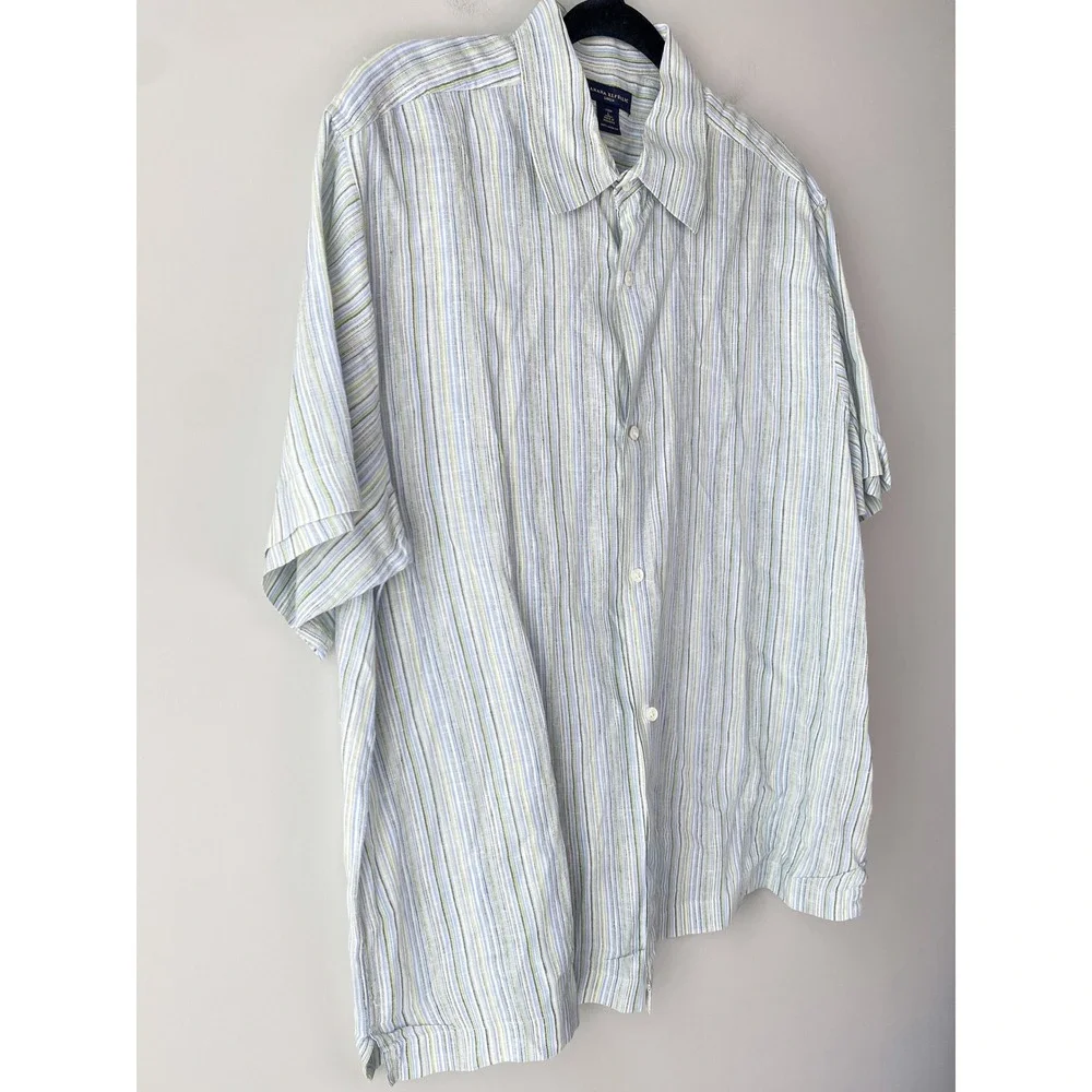 Banana Republic Mens 100% Linen Button Up Shirt L Multicolor Pinstripe‎ Coastal